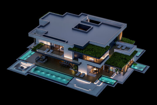 3d rendering of two-story house with parking and pool for sale or rent with concrete facade and beautiful landscaping on background. Clear night isolated on black