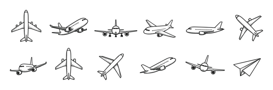 Airplanes aircraft jetliners paper plane icons set in hand drawn sketch style for travel and transportation design