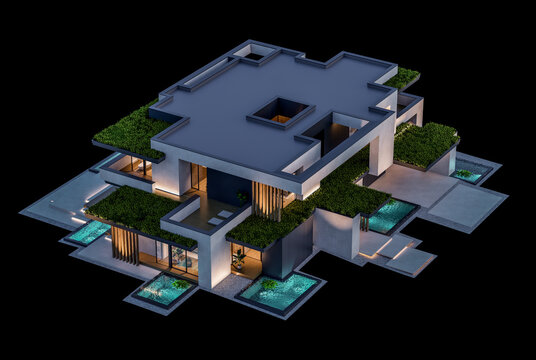 3d rendering of two-story house with parking and pool for sale or rent with concrete facade and beautiful landscaping on background. Clear night isolated on black
