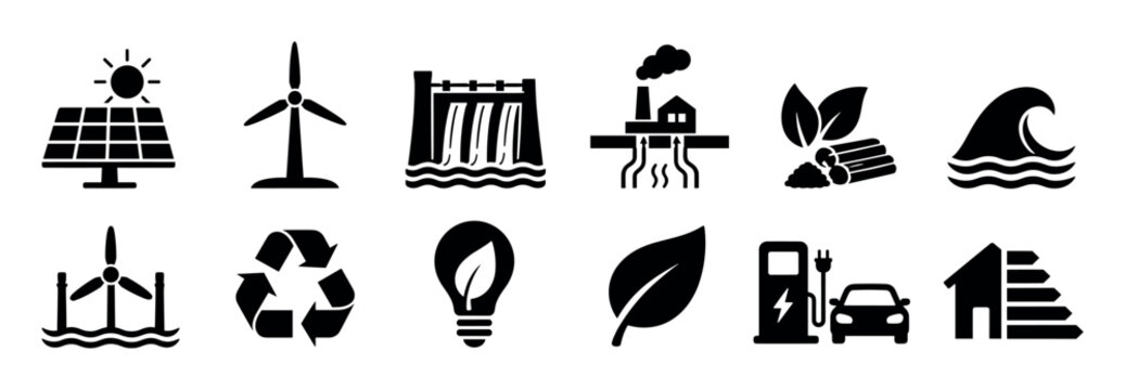 Solar panel wind turbine dam geothermal biomass wave energy icons, recycling lightbulb leaf electric car charging station and energy efficient house symbols