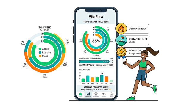 Fitness and health tracking mobile app interface with progress charts and user achievements