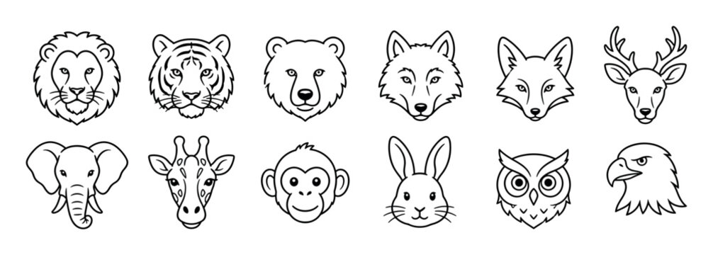 Lion tiger bear wolf fox deer elephant giraffe monkey rabbit owl eagle animal heads line art icon set