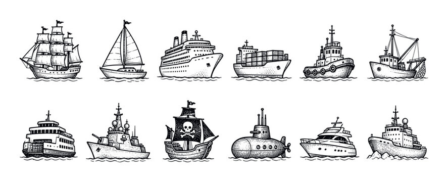 Sailboat cruise ship cargo tugboat fishing boat ferry warship pirate submarine yacht icons set in vintage engraving style