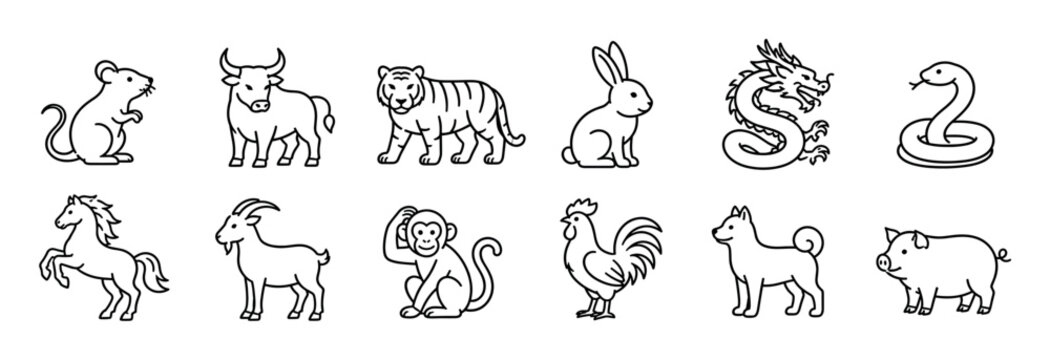 Rat ox tiger rabbit dragon snake horse goat monkey rooster dog pig Chinese zodiac animals line icons set