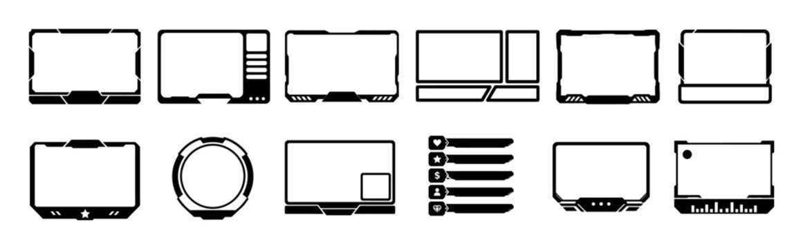 Gaming stream overlay frames, futuristic screen borders, and user interface elements vector illustration set