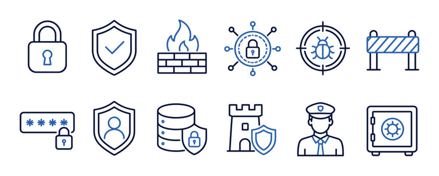 Padlock shield firewall network bug barrier password database castle security guard safe icons set vector illustration