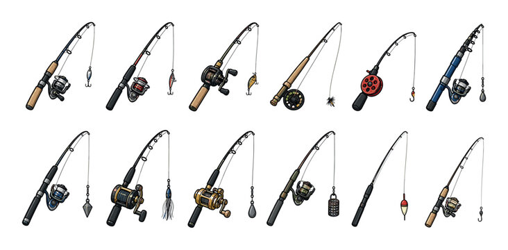 Fishing rods reels lures hooks bobbers sinkers tackle equipment vector illustration set