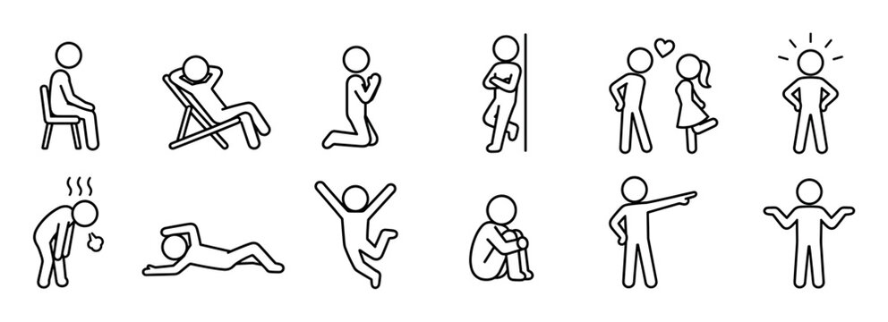 People stick figures showing various poses and emotions including sitting, relaxing, praying, leaning, loving, thinking, tired, lying, jumping, sad, pointing, and shrugging line art icon set