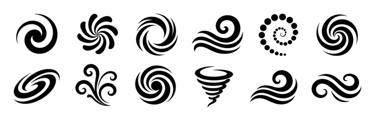 Fototapeta premium Swirls, spirals, waves, and vortex shapes in a black and white icon set, vector illustration