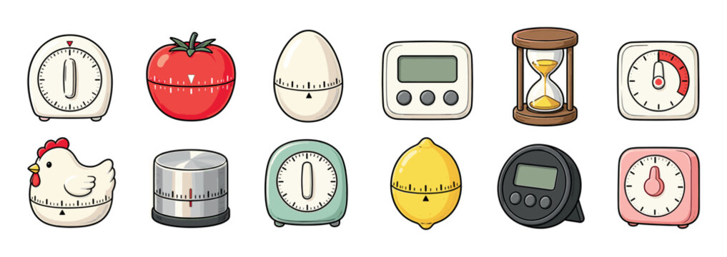Kitchen timer tomato egg hourglass chicken lemon digital mechanical icons set, vector illustration in cartoon style