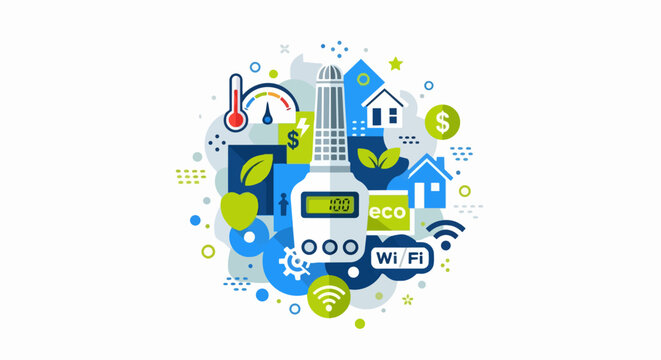 Smart Home Energy Efficiency and IoT Climate Control Concept Illustration with Sustainable Technology Icons