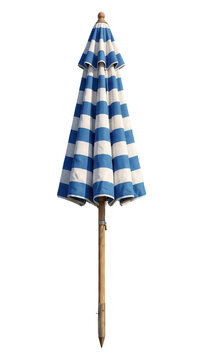 Closed blue and white striped beach umbrella isolated on transparent background