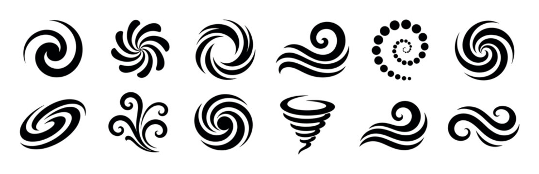 Swirls, spirals, waves, and vortex shapes in a black and white icon set, vector illustration
