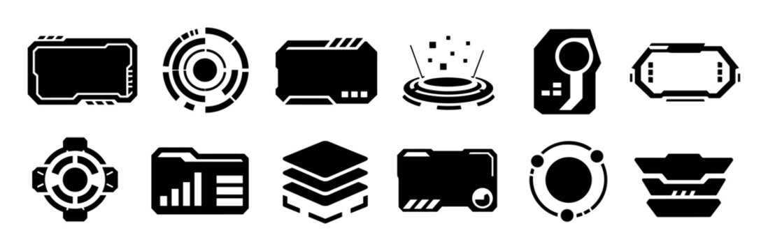 Futuristic HUD elements, target, data, folder, and hologram icons vector illustration set for user interface design