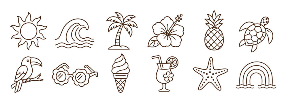 Sun wave palm tree hibiscus pineapple turtle toucan sunglasses ice cream cocktail starfish rainbow summer icons set