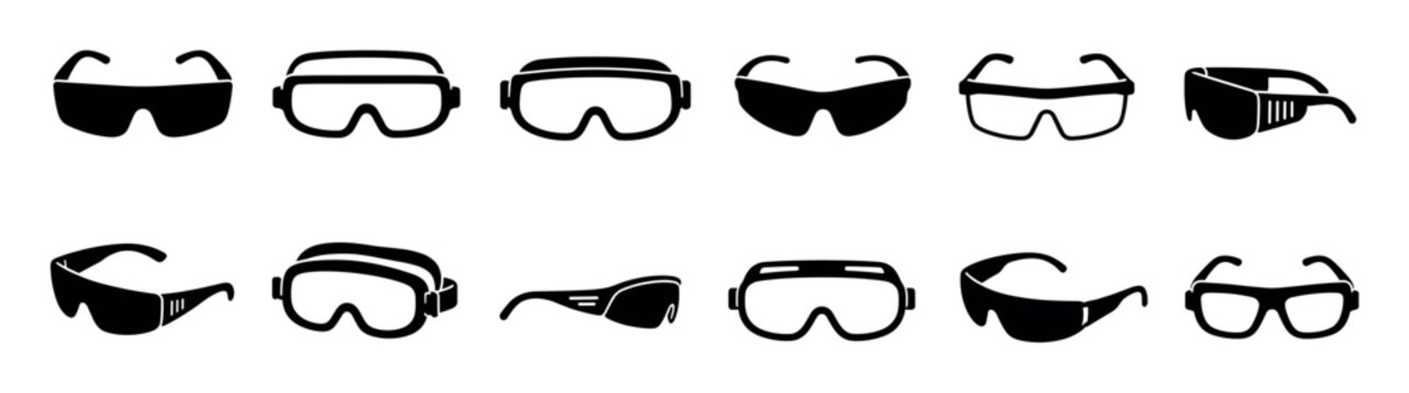 Safety glasses goggles sunglasses eyewear icons set in black and white vector illustration for protection and vision