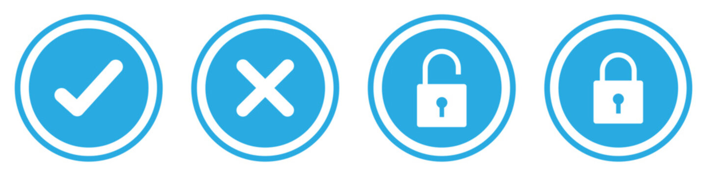 Blue circle security icon set with check mark cross and padlock symbols for access control. For approval status, security systems, authentication, privacy protection, secure access. Vector icons.