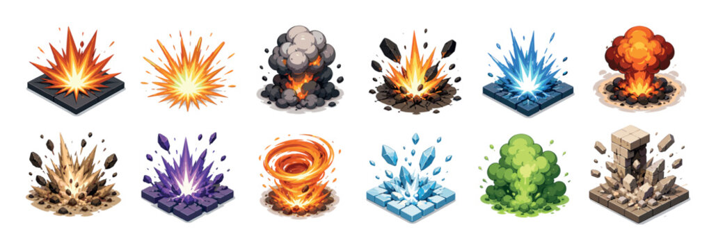 Explosion fire smoke ice crystal rock tornado effect icons set for game design elements in isometric style