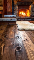 Obraz premium Cozy cabin interior featuring a glowing fireplace, soft sheepskin rug, and polished rustic wood floors. Perfect for winter warmth, home design, and comforting lifestyle concepts.