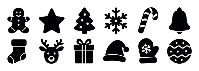 Obraz premium Gingerbread man star tree snowflake candy cane bell sock reindeer gift hat mitten ornament Christmas icons set