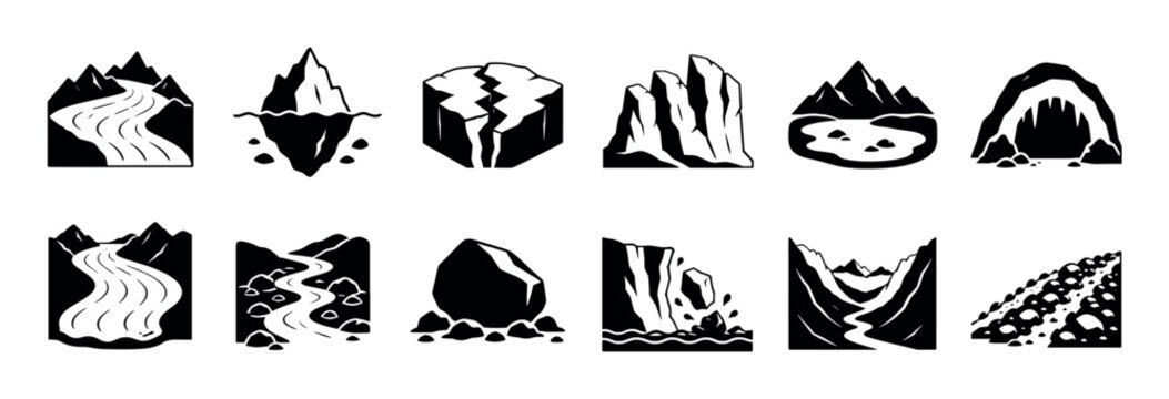 Mountain river iceberg cave rockfall icons set, depicting various natural landforms and geological features in a flat black and white style
