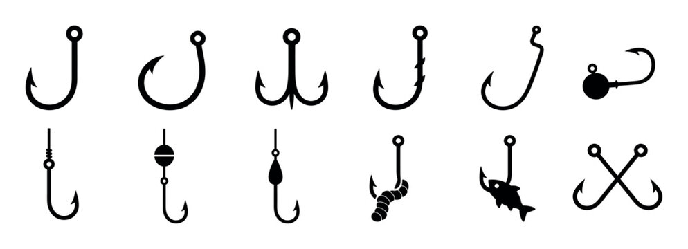 Fishing hooks, worm, fish, bobber, lure, and jig head icons vector illustration set for angling and sport fishing