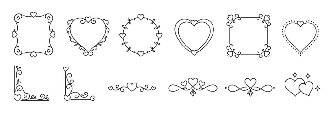 Heart frames, borders, and dividers in a cute doodle line art style, perfect for Valentine's Day or wedding designs