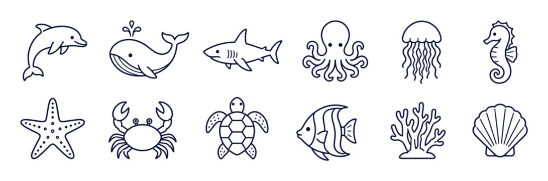 Dolphin whale shark octopus jellyfish seahorse starfish crab turtle fish coral shell marine animal icon set