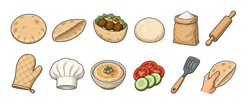 Pita bread falafel hummus chef hat rolling pin flour bag cooking icons set, vector illustration