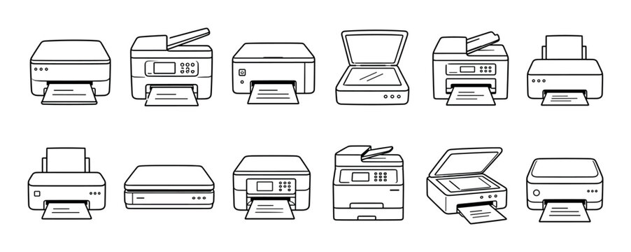 Printer scanner copier fax machine icons set, office equipment vector illustration in doodle style