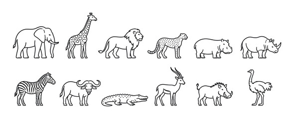 Obraz premium Elephant giraffe lion cheetah hippopotamus rhinoceros zebra buffalo crocodile antelope warthog ostrich animal icons set