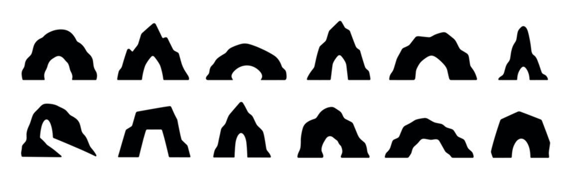 Natural rock arch cave formations silhouette icon set, representing geological structures and natural wonders in a flat vector illustration