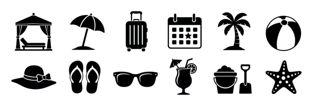 Gazebo umbrella luggage calendar palm tree beach ball hat flip flops sunglasses cocktail bucket shovel starfish icons set