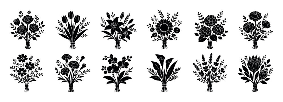 Roses tulips lilies sunflowers hydrangeas peonies cosmos carnations orchids calla lilies lavender protea flower bouquets silhouette vector illustration set