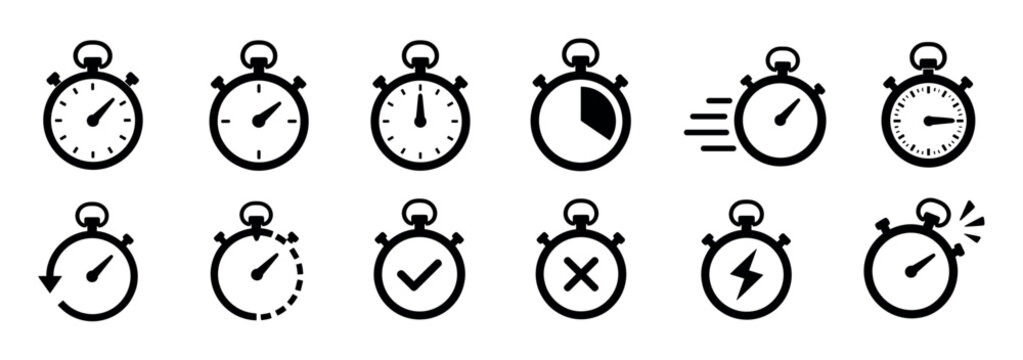 Stopwatch timer clock speed countdown icons set in black and white flat design style for web and mobile applications