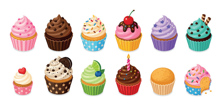 Delicious cupcakes with various toppings and colorful frosting, including chocolate, vanilla, cherry, and sprinkles, vector illustration set