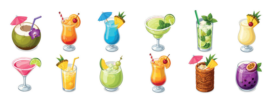 Tropical cocktails coconut margarita mojito pina colada tiki drinks vector illustration set