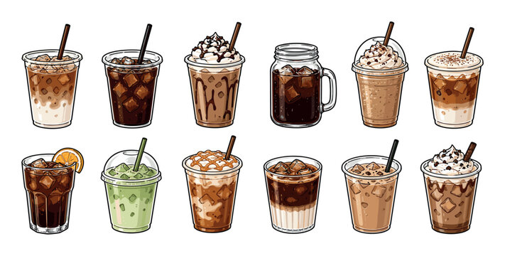 Iced coffee latte mocha frappe drinks in various cups with straws, whipped cream, and toppings vector illustration set