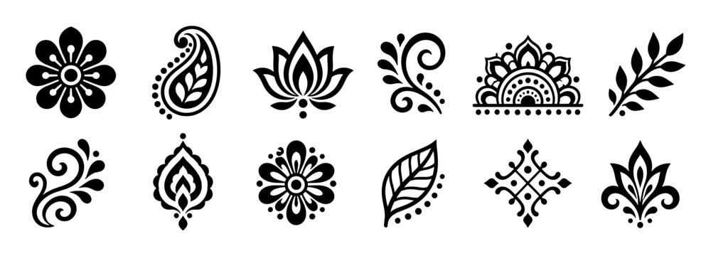 Floral paisley lotus leaf mehndi henna tattoo decorative elements vector illustration set