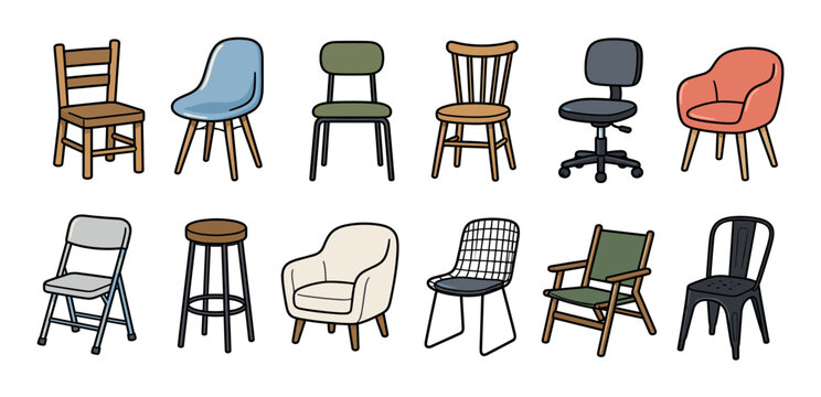 Wooden chair, plastic chair, office chair, armchair, folding chair, bar stool, and metal chair icon set