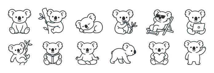 Fototapeta premium Cute koala bear characters in various poses like sitting, sleeping, climbing, relaxing, and working, black outline icon set