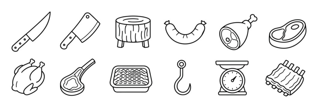 Knives cleaver chopping block sausage chicken leg steak chicken meat hook scale ribs icons set vector illustration