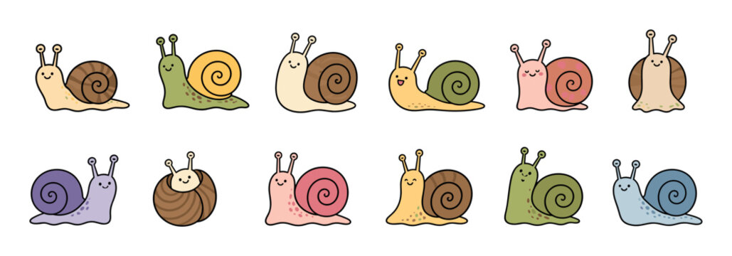 Cute cartoon snails with colorful shells and happy faces, vector illustration set for children's design