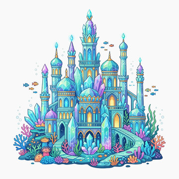 An enchanting underwater castle adorned with glowing crystals and surrounded by vibrant coral reefs and shimmering fish. The architecture resembles a fantastical palace.