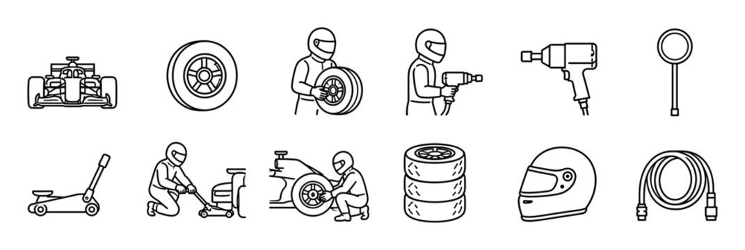 Formula 1 racing car, tire, pit crew, impact wrench, helmet, jack, air hose line icons set
