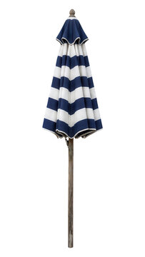 Closed beach umbrella with blue and white stripes isolated on transparent background