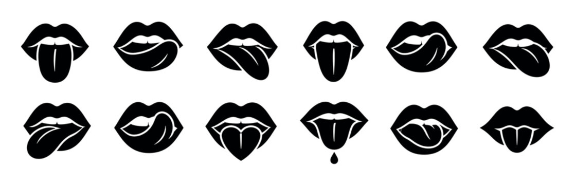 Lips and tongue sticking out, licking, and showing various expressions, black and white icon set
