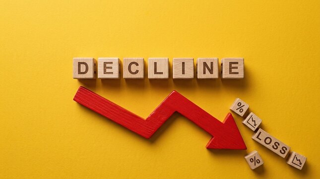 A top view of a decline word made of wooden blocks and a red arrow pointing downwards with loss word on a yellow background.