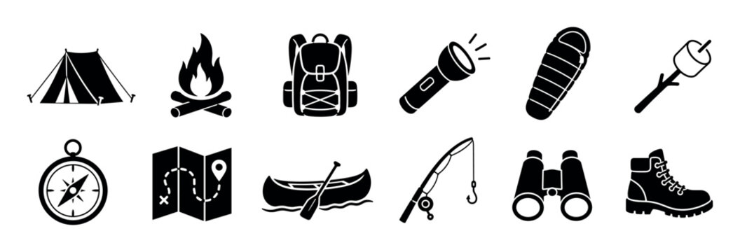 Tent campfire backpack flashlight sleeping bag marshmallow compass map canoe fishing rod binoculars boot icons set