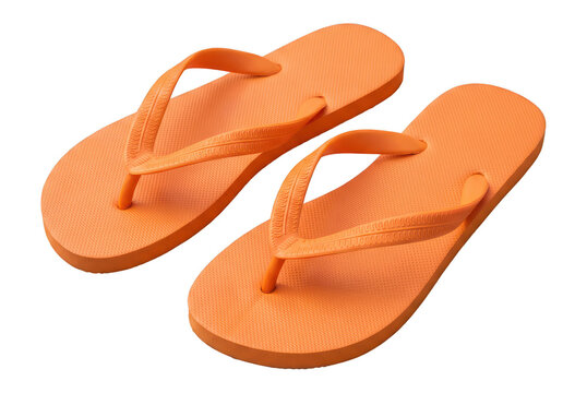 Pair of orange rubber flip-flops isolated on transparent background